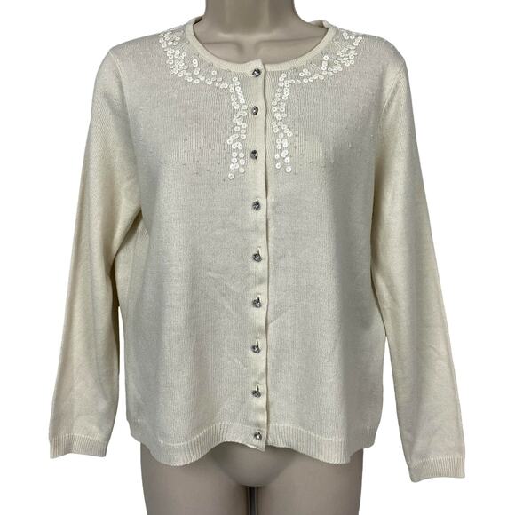 VTG Worthington Cardigan Sweater Petite Large Cream Rhinestone Button Sequin Y2K - Picture 1 of 10